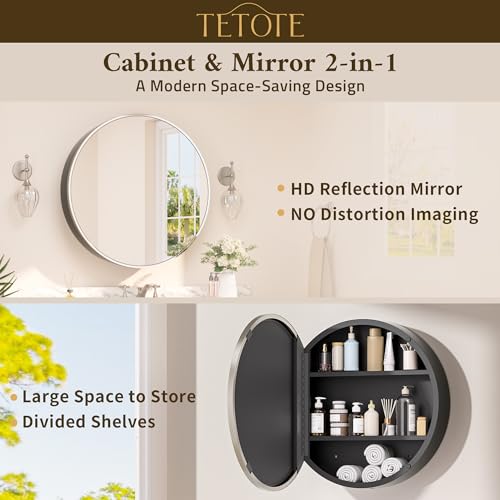 Image of TETOTE Bathroom Mirror Cabinet 30 x 30 Brushed Nickel Round Bathroom Medicine Cabinet with Mirror Adjustable Shelves Farmhouse Wall Mirror with Storage Surface Mounted
