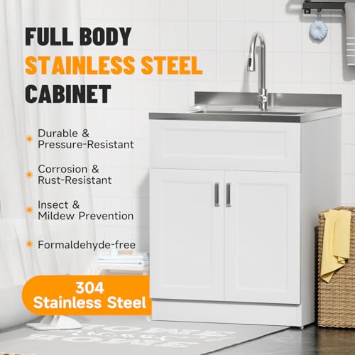 Image of Laundry Sink with Cabinet, Full Body Durable Stainless Steel, 30-Inch Wider Stainless Steel Utility Sink, Multi-Use for Laundry, Kitchen, Bathroom, Garage