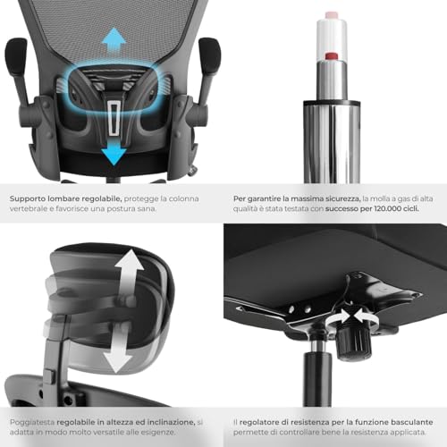 ® Sedia da Ufficio Ergonomica, Schienale Alto con Poggiatesta Regolabile, Sedia Ufficio con Supporto Lombare, Altezza Regolabile, Braccioli Pieghevoli, Rivestimento in Tessuto a Rete - Nero - Sedia gaming - Immagine 5