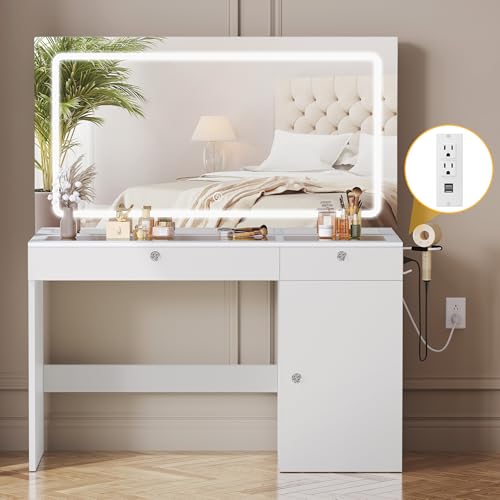 DWVO 47" W Vanity Desk with LED Light and Power Outlets, Large Makeup Vanity with Dividers and Hair Dryer Rack, 3 Level Storage Dresser Makeup Vanities Dressing Table for Bedroom, White