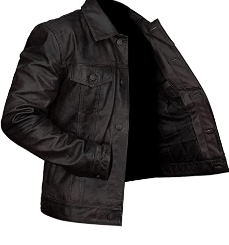 Image of Vintage Black Leather Trucker Jacket - Timeless Appeal