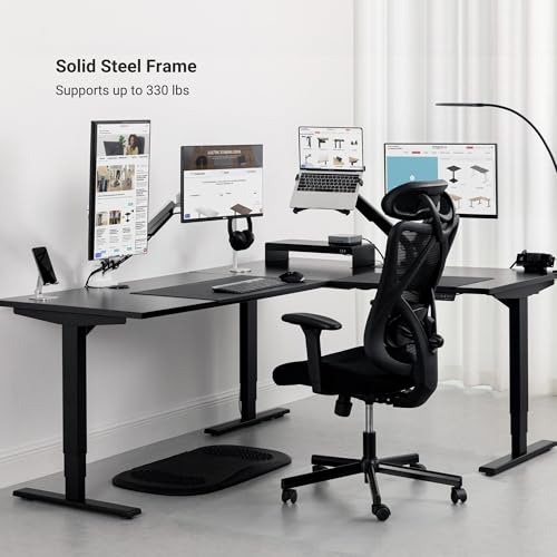 Image of Progressive Desk Height Adjustable Computer Standing Desk - L Shaped 72 inch x 48 inch Corner Electric Stand Up Rising Workstation Table - Black Frame, Dark Cherry Top