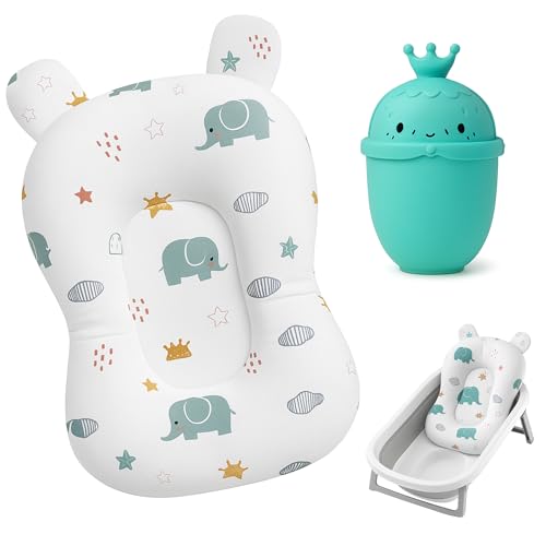 BabyBebloo Cojin Bañera Bebe + Jarra de Baño - Adaptador Bañera Bebe Universal - Reductor bañera - Cojín bañera Bebe - Colchoneta Bebé - Hamaca Bañera - Secado Rapido, Suave y Blando (Blanco)