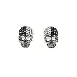 Unisex Hematite Skull Head with Black and Clear Crystal Stones Halloween Earring Studs (Pair)