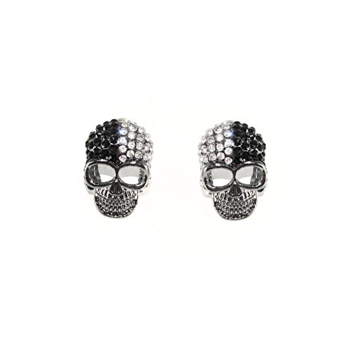 Unisex Hematite Skull Head with Black and Clear Crystal Stones Halloween Earring Studs (Pair)