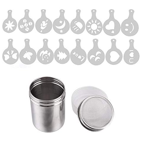YuamMei 1pc Stainless Steel Coffee Shaker, Coffee Icing Sugar Cocoa Dredges with Fine-Mesh Lid, with 16 Pieces Coffee Art Stencils for Baking/Home/Restaurant Cover