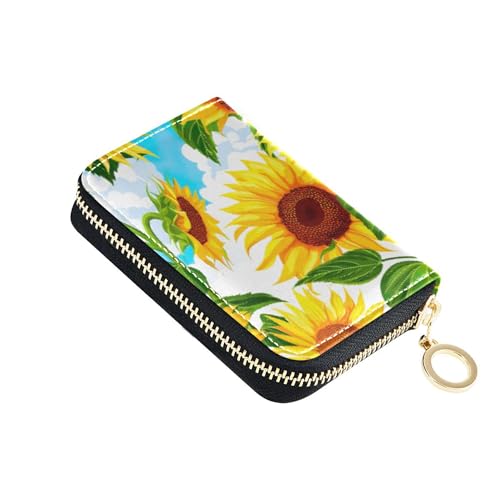 Credit Card Holder RFID Blocking Womens Wallet Zip Around Small Zipper Wallet with Coin Pocket Bright Yellow Sunflowers Sky