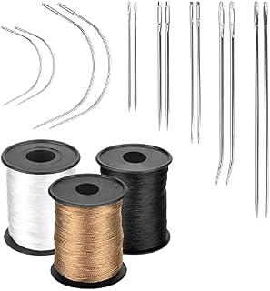 TANCUDER 17 PCS Upholstery Repair Kit Leather Craft Hand Stitching Tools with Heavy Duty Strong Needle Pins C Curved Needles, Hair Nylon Thread Cord for Sewing Canvas Wig Carpet Fur Making, 150 Meters