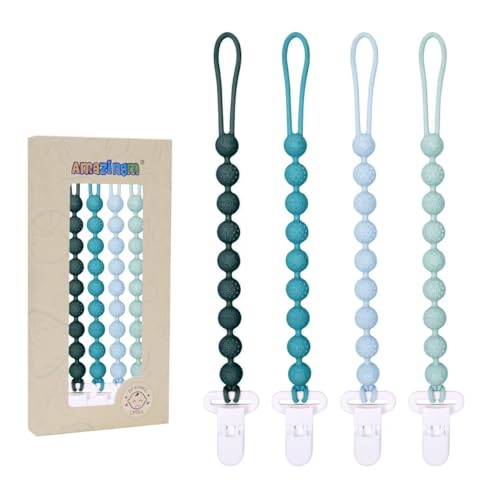 Image of 4 Pcs Green Baby Silicone Teething Pacifier Clip,One-Piece Design,Round Shape,Textured Surface,BPA Free.