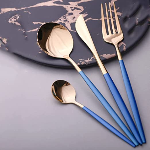 Image of aDai Premium Gold SUS304 Stainless Steel Cutlery Set - 8 Spoons, 4 Fork, 4 Steak Knife - Mirror Finish Dinnerware Flatware (Blue - Set of 16)