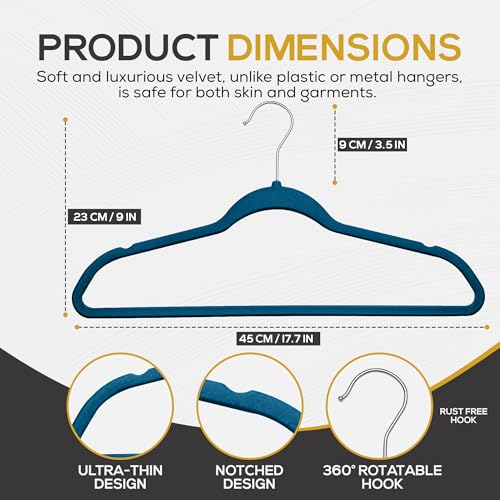 Image of Techzoo Premium Velvet Hangers 50 Pack Ultra Thin Non Slip Adult Felt Space Saving Slim Suit Hanger for Closet Heavy Duty Coat Pants Jackets Dress Hangers 360 Swivel Hook Hold Upto 10 lbs Blue