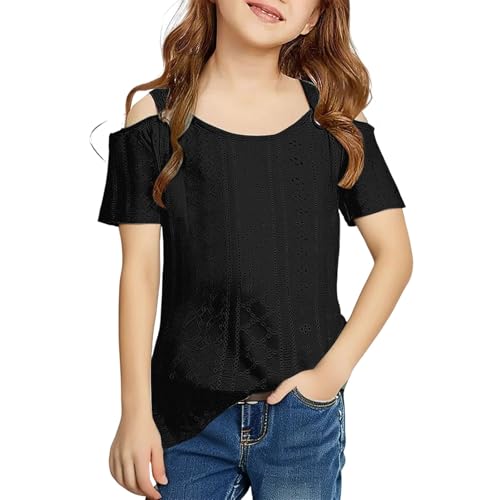 Girls Cold Shoulder Eyelet Blouses Short Sleeve T-Shirts Cotton Tees for Tween Girls Trendy T-Shirt Loose Casual Tops