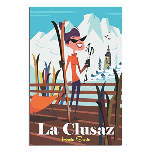 NMNM La Clusaz Affiche de voyage vintage sur toile Motif ski 20 x 30 cm
