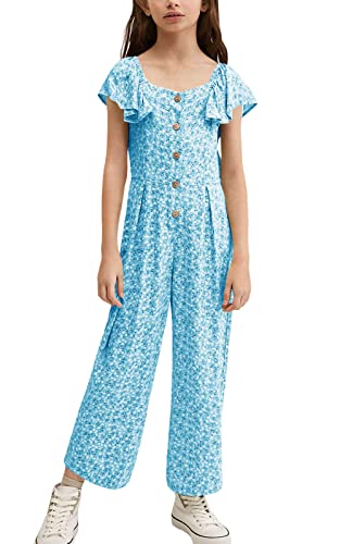 Kimmta Girl’s Summer Floral Printed Rompers Ruffle Short Sleeve Wide Leg Jumpsuits With Button #TOP6