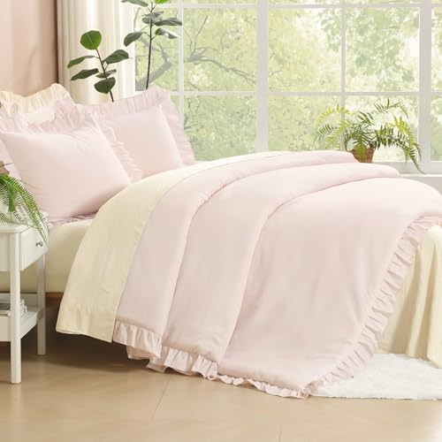 Image of Litanika Light Pink King Size Comforter Set, 3 Pieces Ruffle Farmhouse Aesthetic Bedding Comforter Set, All Season Soft Lightweight Fluffy Microfiber Bed Set(104x90In Comforter, 2 Pillowcases)