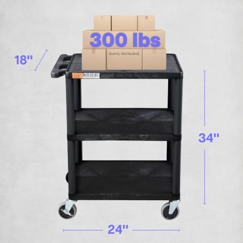 Image of Luxor Multipurpose Storage Utility Cart 3 Shelves Structural Foam Plastic - Black | HDPE Plastic Cart with 4 in Locking Casters and 12 in Shelf Clearance, Ideal Mobile Workstation for Garage or Warehouse Use
