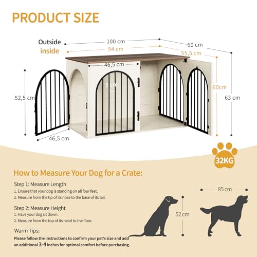 Hzuaneri Hundekäfig Möbel, 100cm Hundebox für Zuhause, 3 Türen, Bogentür, Moderne Hundebox Indoor für Hunde, Beistelltisch, Hundekäfig Hochbelastbar, 100 x 60 x 63 cm, Weiß Braun DFC84114B