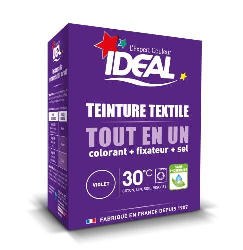 IDEAL - Kit Teinture Tout en Un Mini Violet - 230 g - Colorant + Fixateur + Sel Inclus - Teinture Textile Longue Tenue - Coton, Lin, Soie, Viscose - Efficace...