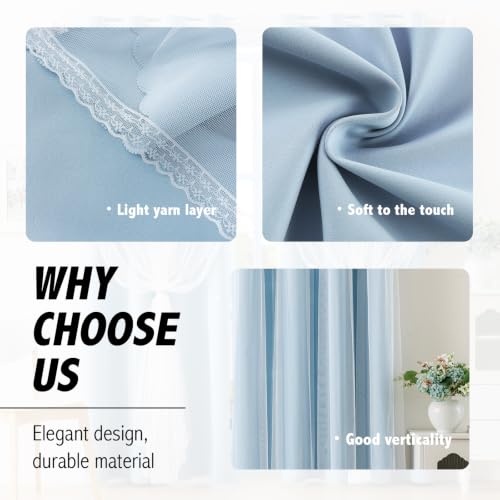 Image of Anytime Double Layer Blackout Curtains 2 Panels,35Wx95L,Sky Blue | Sheer And Fabric Window Drapes Grommet Top Solid Color Bedroom Living Room Home Decor