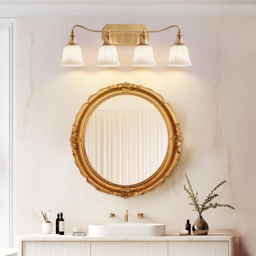 Image of LmnLvn 4‑Light Bathroom Vanity Light, Matte White with Crystal Glass Shade