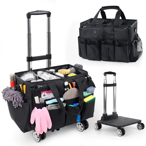 Rolling Cleaning Caddy Bag with Detachable Trolley, Multi-Functional Portable Cleaning Cart Supplies Organizer for Housekeeping and Domestic Cleaning, Cleaning Caddy with Wheels, Black