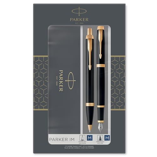 Parker IM Duo Gift Set with Ballpoint Pen & Fountain Pen | Gloss Black with Gold Trim | Blue Ink Refill & Cartridge | Gift Box