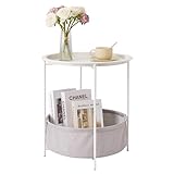 VECELO Round Side/End Table with Fabric Storage Basket，Metal Anti-Rust and Waterproof Small Bedside Nightstand with Removable Tray Top for Living Room，Balcony & Laundry，Beige/1pcs with Basket