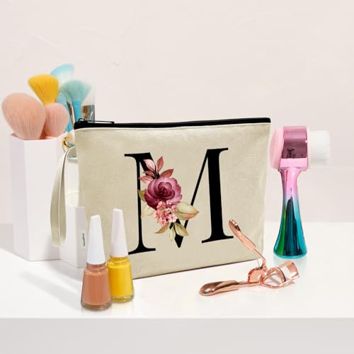 Image of Vavabox A-Z Personalized Makeup Bag, Birthday Gifts for Women Mom, Gifts for Best Friend, Bride Bridesmaid Cosmetic bag (M, Cream Yellow)