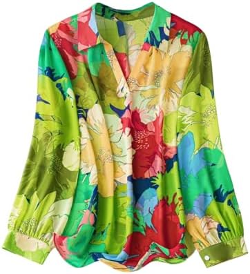 Leriya Fashion Women's Rayon Floral Printed Shirt Casual Loose Fit Summer Top V Neck Button Down Blouse Lightweight Long Sleeve Stylish Beach Vacation Wear Trendy Western Top