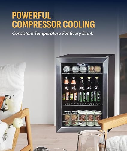 Image of NewAir 90 Can Beverage Refrigerator | 17 inch Freestanding Small Mini Fridge for Bedroom, Home Bar or Office | Quiet Compressor Cooling & Adjustable Shelves | Stainless Steel
