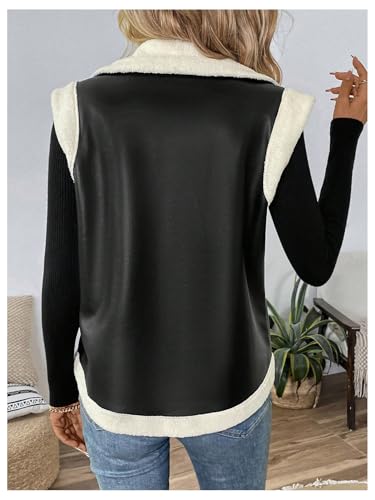 MakeMeChic Women's PU Leather Fuzzy Vest Open Front Sleeveless Pocket Warm Jacket2