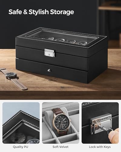 Songmics Leather 12 Mens Watch Box with Jewelry Display Drawer Lockable Watch Case Organizer UJWB012