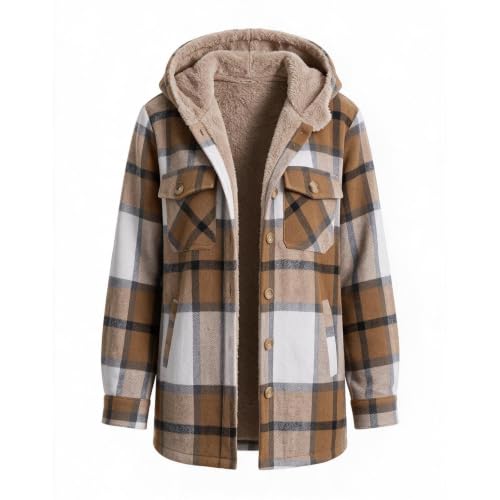 fartey Plaid Fleece Jacket Women Hooded Flannel Button Shacket with Pockets - image 5