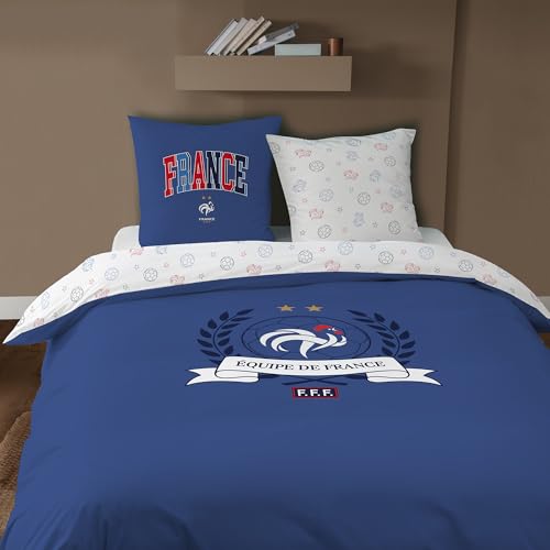 OMYDREAM FFF Campus Parure de lit Enfant | Chambre Enfant |100% Coton | Oeko-TEX | Housse de Couette + 2 Taies d'oreiller 63x63cm | Imprimé Réversible | Garçon (Bleu, 240x220+2x63x63cm)