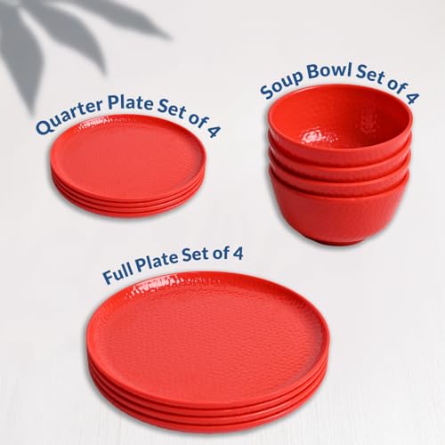 Image of MARKET 99 Heavy-Duty Red Hammered Melamine Dinner Set 12 Pieces | 4 Dinner Plates 4 Side Plates 4 Soup Bowls | Glossy Finish Durable Tableware for Daily Dining Home Kitchen