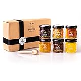 ✌ Cesta gourmet: caja decorada compuesta por 6 tarros de miel pura de abeja y polen de abeja natural: miel de bosque, miel de cantueso, miel milflores, polen de abeja natural y miel calluna (alternativa a la miel de manuka).