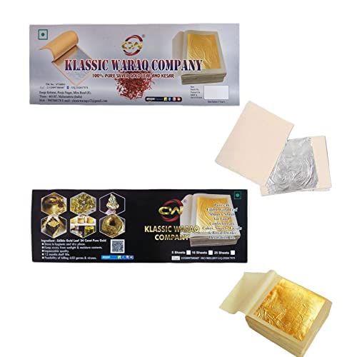 Klassic Waraq Company Gold Leaf 24K Foil Sheets(5)+ Edible Silver Leaf 15Pc(Chandi Varakh)5X3 Inch Edible Gold Foil Sheets 2" By 2" For Cake Deco,Milk,Desserts,Ice Cream,Food
