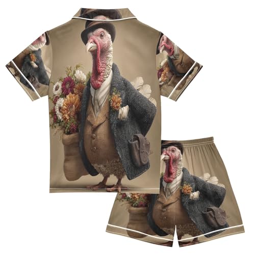 Satin Pajama Sets Short Sleeve Turkey Thanksgiving Funny Button Down Silky Nightwear 2 Piece PJS 5-14Y2