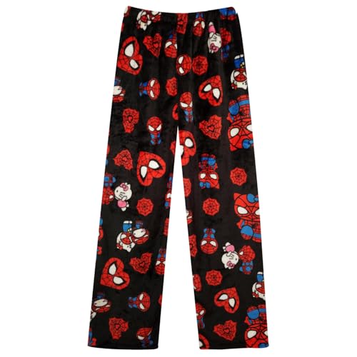 Anime Pajama Pants for Women Men Flannel Plush Cartoon Pjs Pants,Couples Spider Pajamas Bottom,Cute Sleepwear,Black L