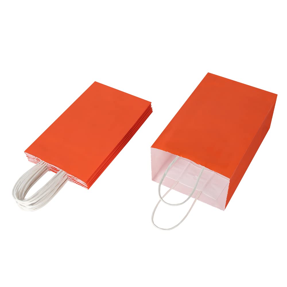 Oikss 100 Pack 5.25x3.25x8.25 Inch Small Orange Kraft Paper Bags with Handles Bulk for Birthday Wedding Party Favors Grocery Retail Shopping Business Goody Craft Gift Bags Cub Sacks (100pcs Count)