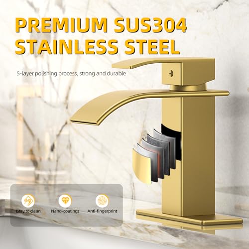 Image of Ryuwanku Waterfall Bathroom Faucet, Brushed Gold Stainless Steel, 1-Handle