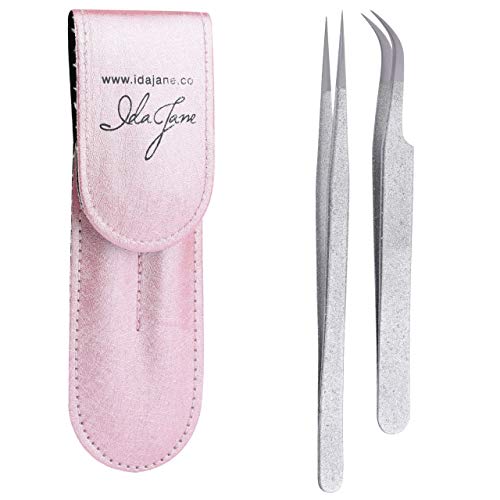 EYELASH EXTENSION TWEEZERS, Volume Lash Tweezers, Diamond Dust Design & Pink Leather Tweezer Case, Precision Tweezers For Picking Up False Eyelashes In Your Eyelash Extension Kit, Tweezers By Ida Jane