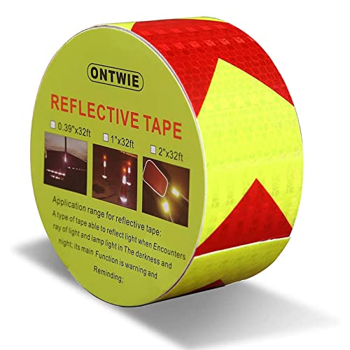 ONTWIE Cinta Reflectante 10m x 5cm, Rojo/Amarillo Visibilidad Cinta de Advertencia Reflectante Transporte Rollo de Seguridad Cinta de Carretera Reflejo Nocturno Flecha