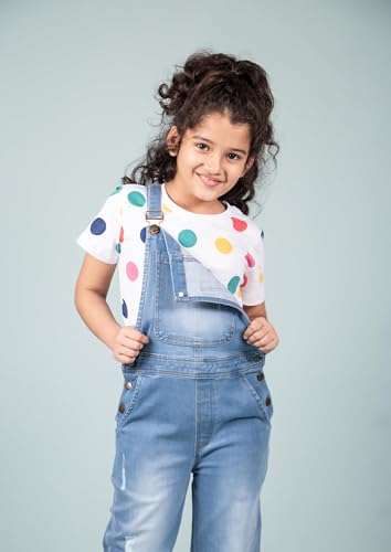 Image of Tweeny Mini Girls Pure Cotton Denim Dungaree for Kids | Relaxed Fit Full Length Overall Outfit with Pockets | Adjustable Straps