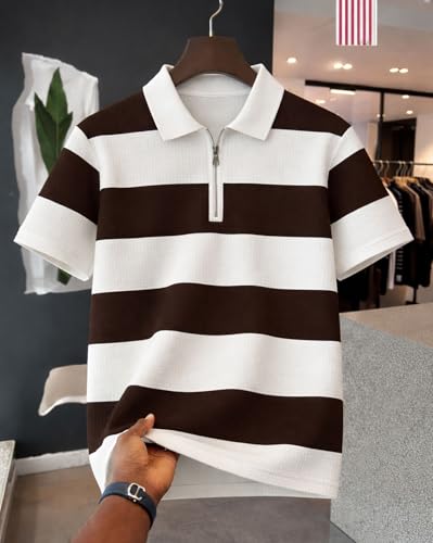 Image of AUSK Men's Cotton Rich Striped Polo Tshirt | Zip Collar Tshirts | Half Sleeves | Regular Fit T-Shirt for Mens Brown