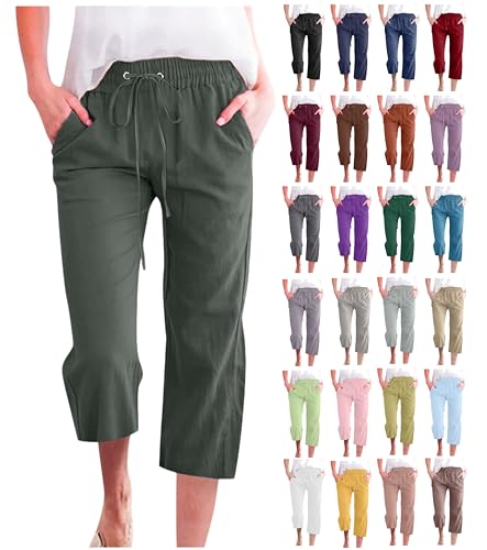 Linen Capri Pants for Women Casual Summer Drawstring Elastic High Waist Pants Wide Leg Plus Size Lounge Capris A01 Army Green,XL