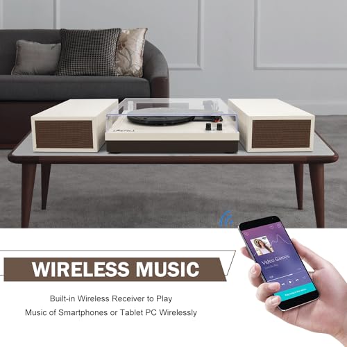 LP&No.1 Wireless Turntable with Stereo Bookshelf Speakers, Retro Record Player with Wireless Playback, 3 Speed Belt-Drive Vintage Turntable with Auto Off, Milk White - Les Beatles, Paul McCartney, John Lennon, RIngo Starr, George Harrison LP&No.1 Wireless Turntable with Stereo Bookshelf Speakers, Retro Record Player with Wireless Playback, 3 Speed Belt-Drive Vintage Turntable with Auto Off, Milk White – Image 7