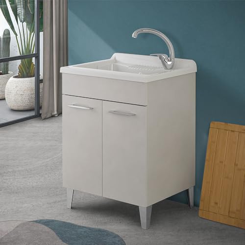 Lavatoio con mobile 60x50 cm grigio calce con 2 ante, vaschetta in resina con piletta e sifone incluso, MOON