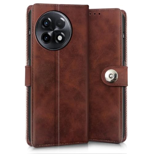 Image of WOW IMAGINE Shock Proof Flip Cover Back Case for 1+ OnePlus 11R 5G (Magnetic Button Flip Case | Wallet Pockets & Stand | Leather Finish | Coffee)