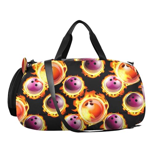 Flaming Bowling Black Kids Travel Duffel Bag for Boys Girls Overnight Weekend Tote Bag with Shoes Compartment for Sleepover Trip Beach2